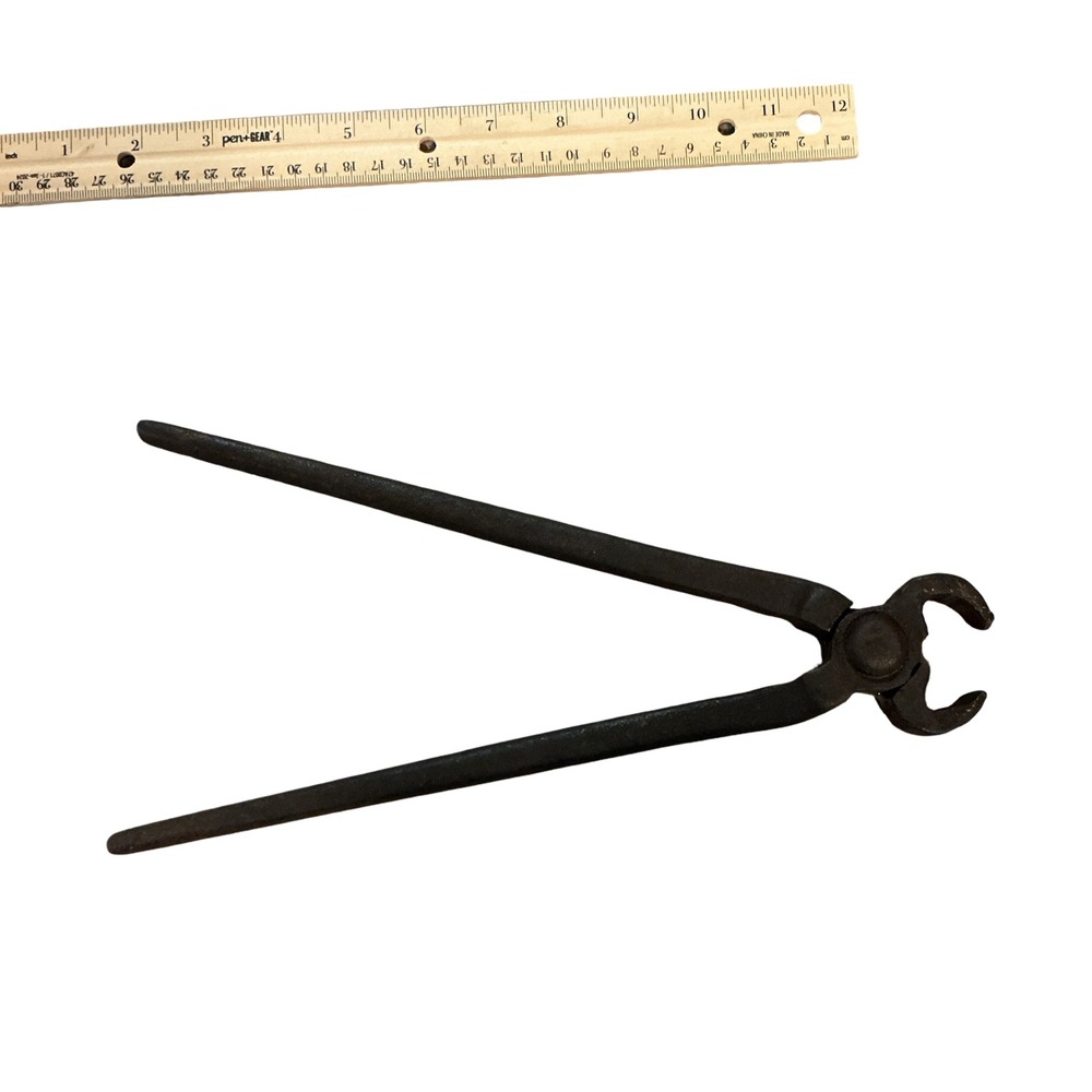 Antique Hand Forged Iron Blacksmith Tongs Nippers 11 Inch Primitive Tool Rustic - Picture 4 of 4
